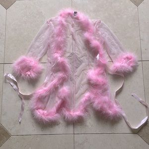 NWOT Be Wicked Bubblegum Pink Mesh Marabou Feather Robe Ribbon Ties OS One Size